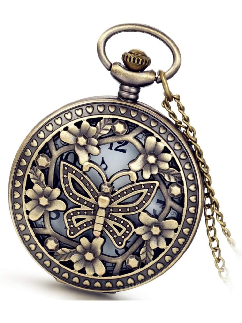 Women's White Quartz Antique Bronze Retro Hollow Butterfly Round Pocket Watch